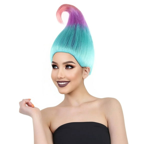 HPO Adult Unisex Tri Colors Straight Cosplay Halloween Troll Wig, Flame-Retardant Synthetic Fiber