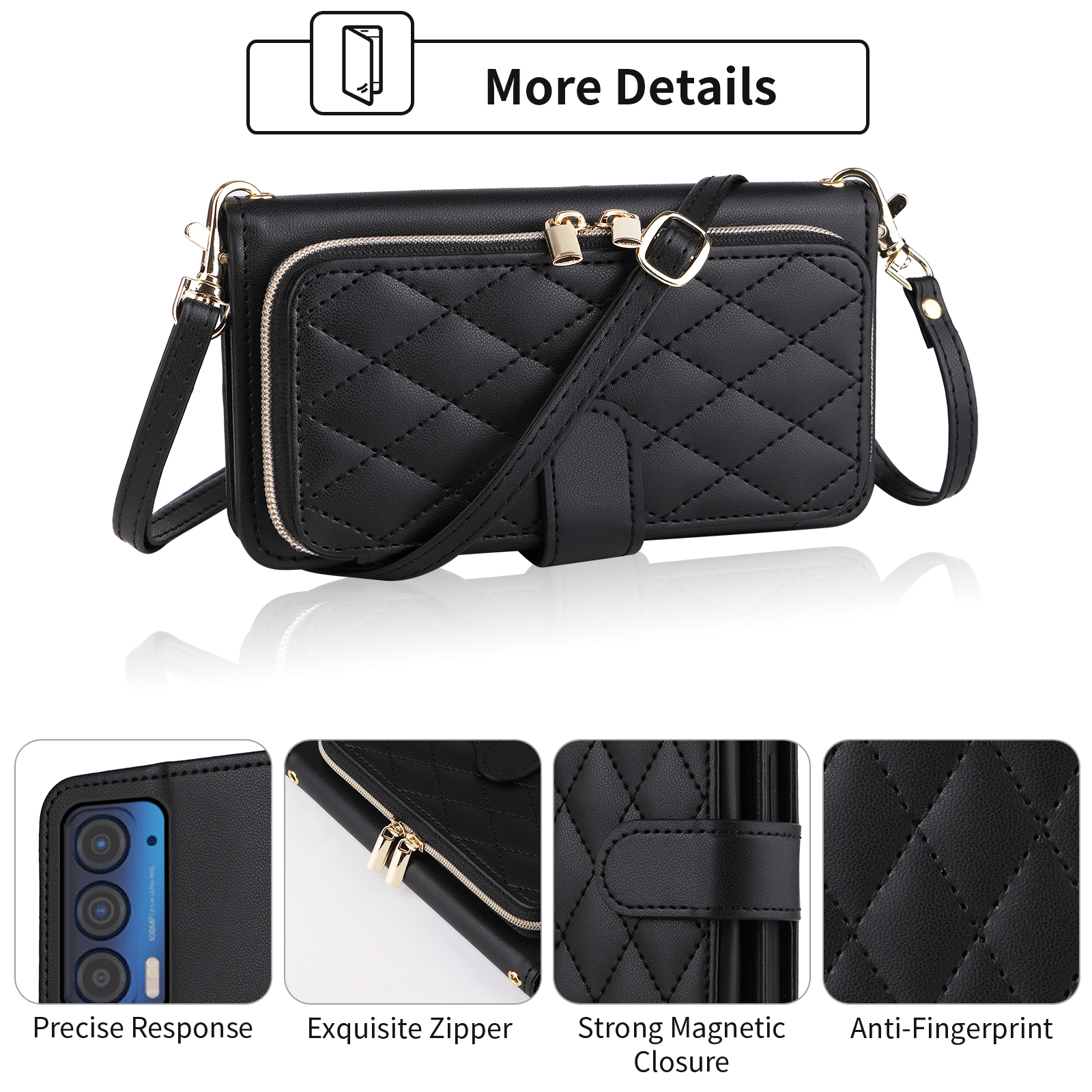 Furiet Argyle Wallet Case for Motorola Moto Edge 2021/MotoEdge 5G UW 2021 with Wrist/Shoulder Strap, Card Slots Zipper Purse Luxury PU Leather Stand Phone Cover for XT2141-1 Women Girls Black