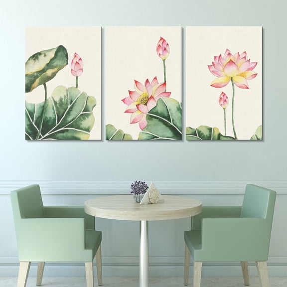 wall26 - 3 Panel Canvas Wall Art - Watercolor Painting Style Pink Lotus Flowers and Leaves - Giclee Print Gallery Wrap Modern Home Art Ready to Hang - 24"x36" x 3 Panels