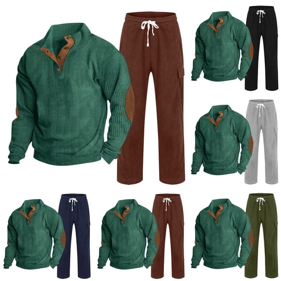 RYDCOT Men's Corduroy Polo Sweatshirt and Cargo Pants Outfits 2 Piece Long Sleeve Causal Fall Winter Jacket Tracksuit Overshirt Set Red