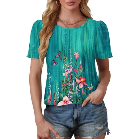 Patlollav Womens Summer Tops Casual Short Short Sleeve T Shirts Floral Pleated Tunics Round Neck Work Blouse