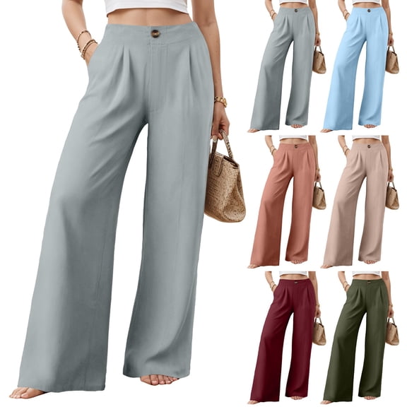 COMVALUE Wide Leg Dress Pants for Women High Waisted Trousers Business Casual Button Flowy Pant (Army Green, L)
