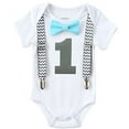 thumbnail image 2 of Boys First Birthday Outfit by Noah's Boytique  Cake Smash Outfit Grey Chevron Aqua Bow Grey Number One 12-18 Months, 2 of 5