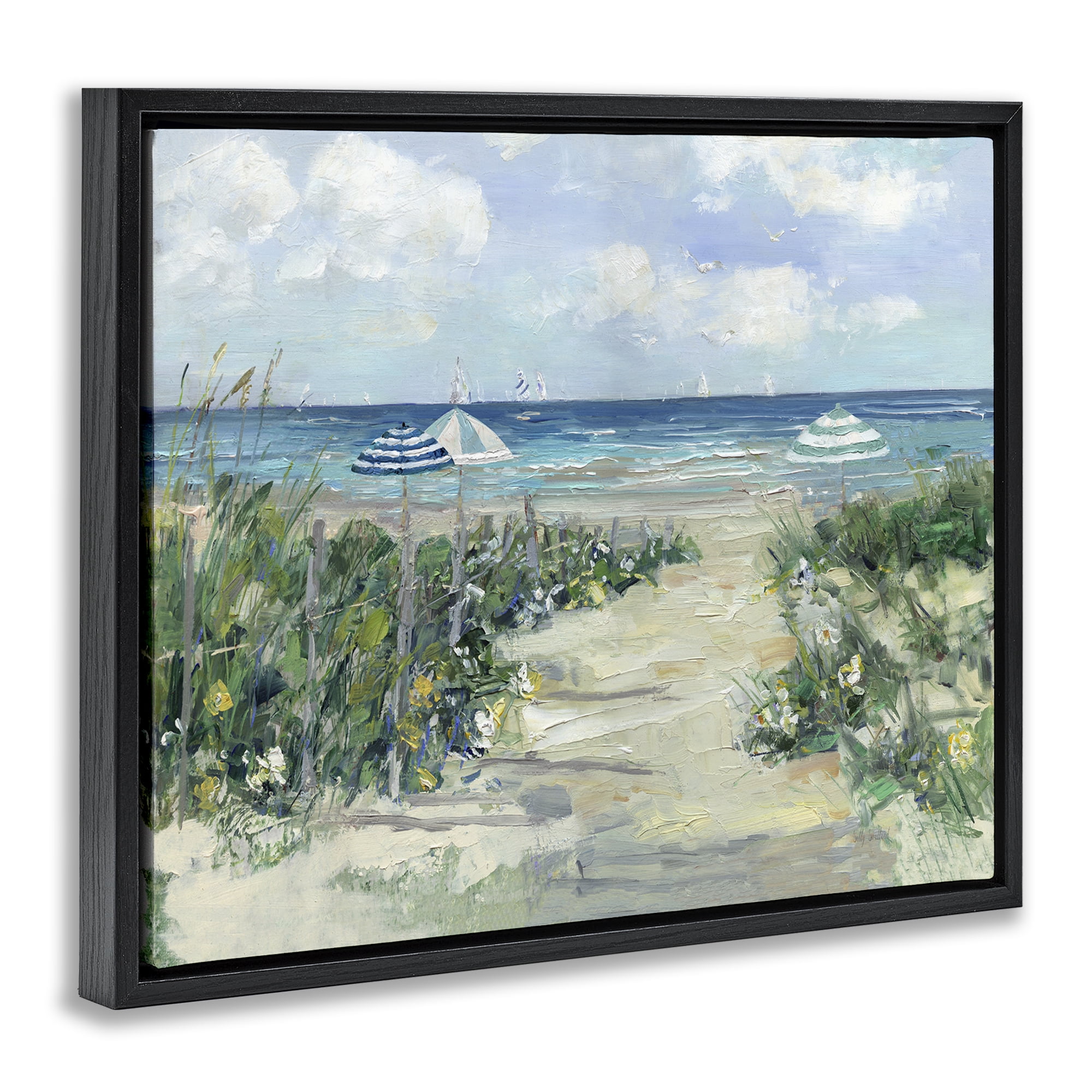 Stupell Industries Seaside Path To Striped Umbrellas Black Framed Floater Canvas Wall Art, design by Sally Swatland
