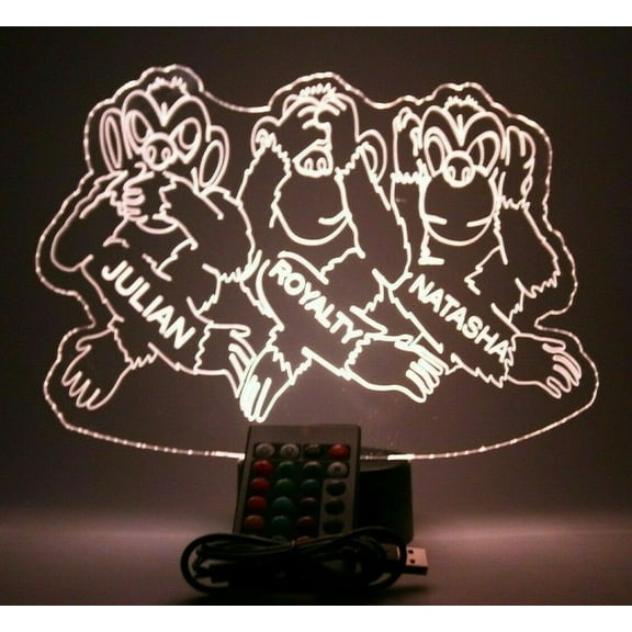 Monkey Light Up Lamp LED Personalized Desk Light Engraved Hear, See, Speak, No Evil Monkeys Table Lamp, Our Newest Feature - It's Wow, with Remote, 16 Color Options, Dimmer, Free Engraved, Great Gift