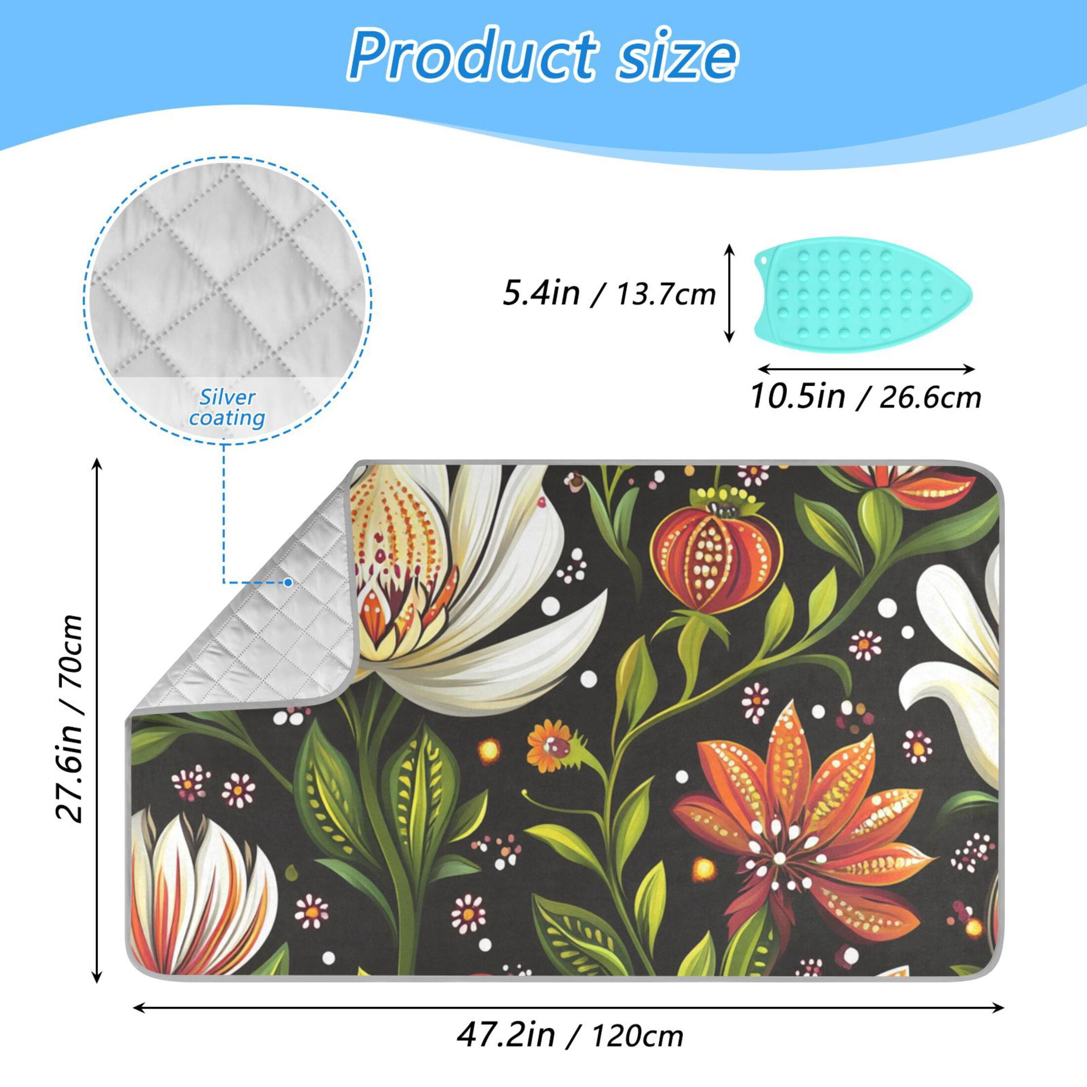 White and Red Flowers on Dark Ironing Mat Blanket for Table Top Travel Portable Ironing Board Pad 47.2x27.6 Inch