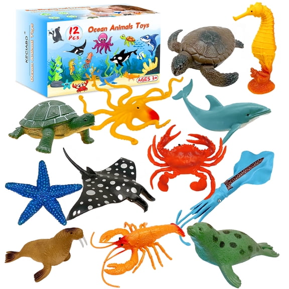 Ocean Sea Animals Toys, 12 Pack Large Deep Sea Animals Figures Toys Set, Realistic Soft Plastic Bath Toy for Toddlers, Kids, Child, Boys and Girls