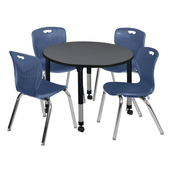 Regency 36 in. Round Adjustable Classroom Table- Grey & 4 Andy 18 in. Stack Chairs- Blue
