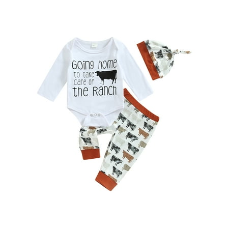 

Arvbitana Baby Boy Girl Outfits Letters Print Long Sleeve Romper Bodysuit Cow Print Pants Hat 3Pcs Clothes Set 0-18 Months