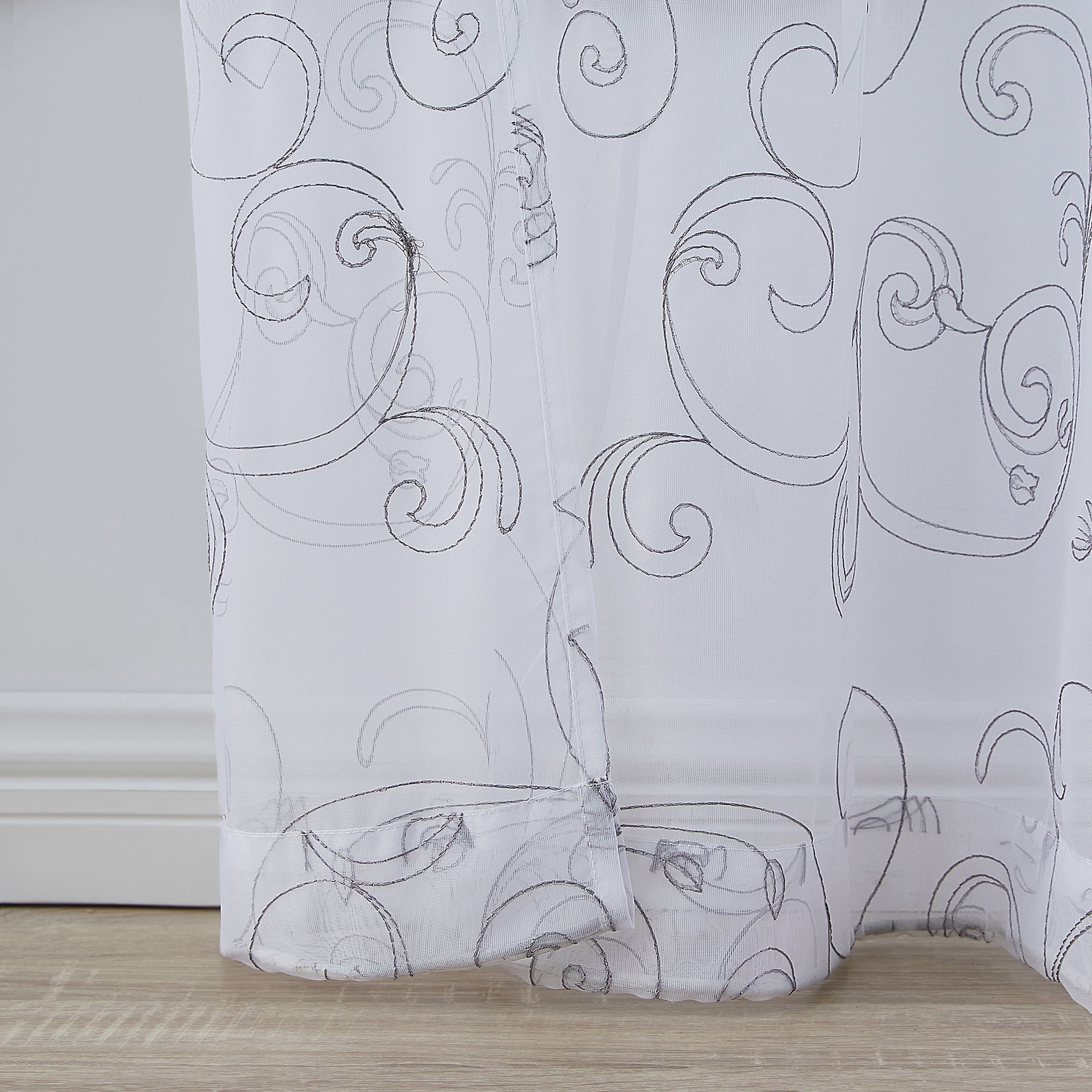 Mainstays Embroidered Scroll Rod Pocket Sheer Single Curtain Panel, White/Grey, 38" W x 84" L