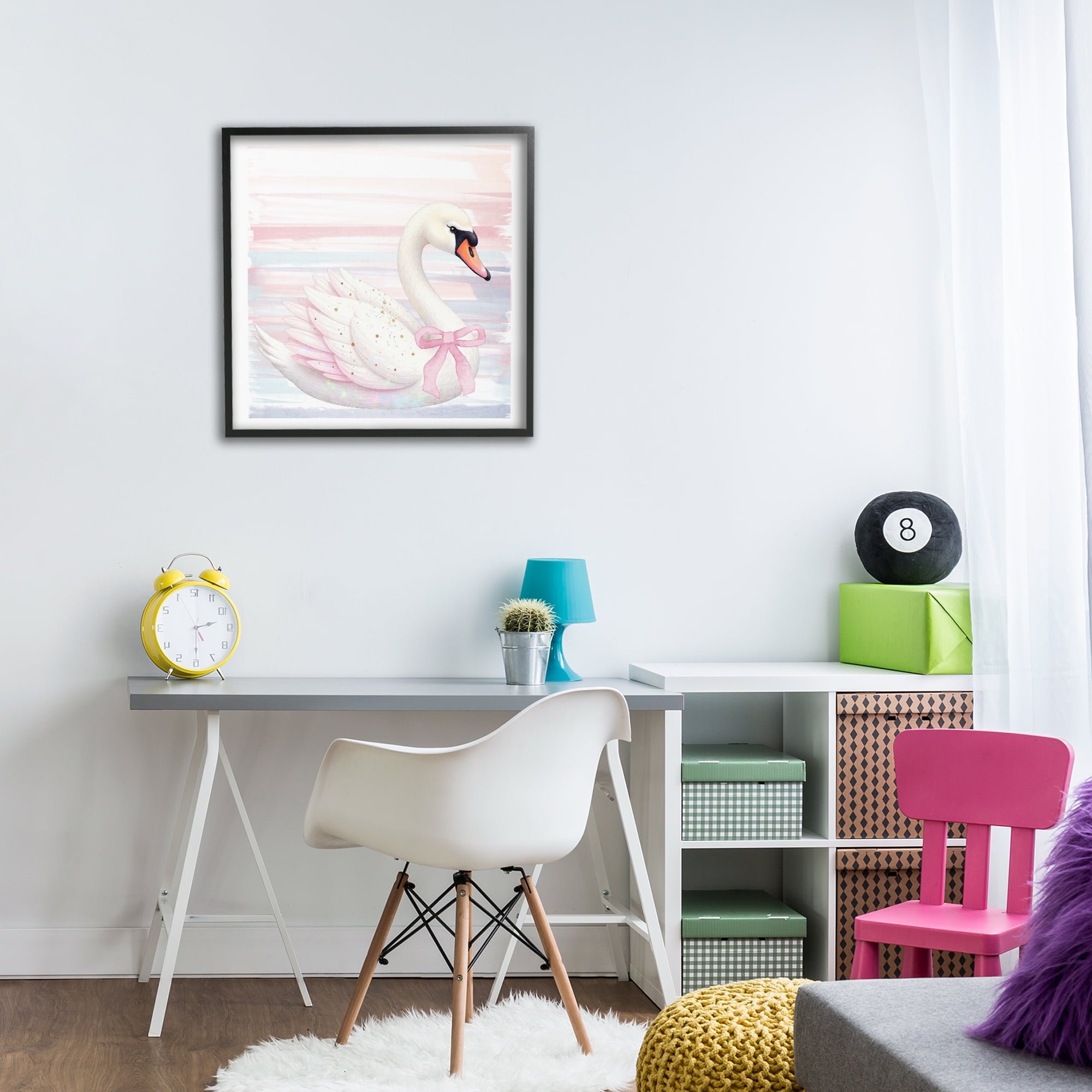 Pink Swan with Ribbon Black Framed Giclee Art, design by Kim Allen
