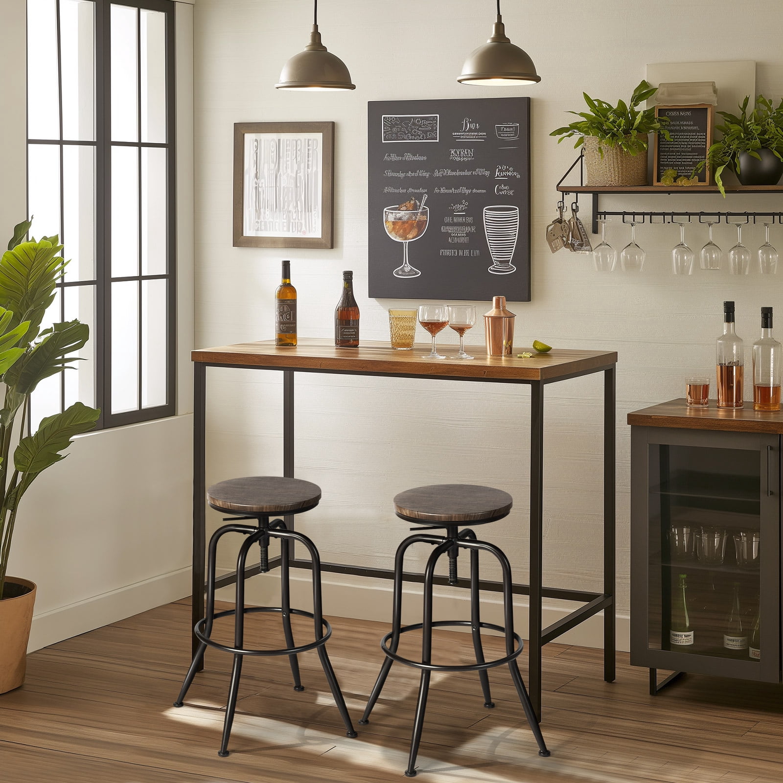 Homy Casa Swivel Bar Stools Adjustable Height Counter Stools with Wood Seat, Set of 2, Walnut