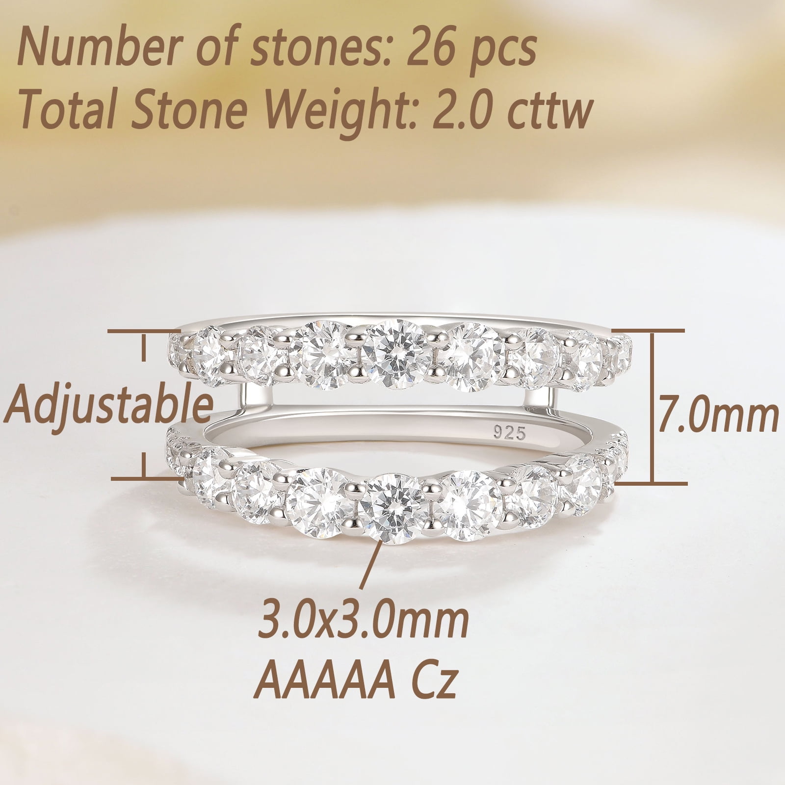 Wuziwen Ring Enhancer for Engagement Rings Two Row Sterling Silver Wedding Bands for Women Stackable Cubic Zirconia Size 5