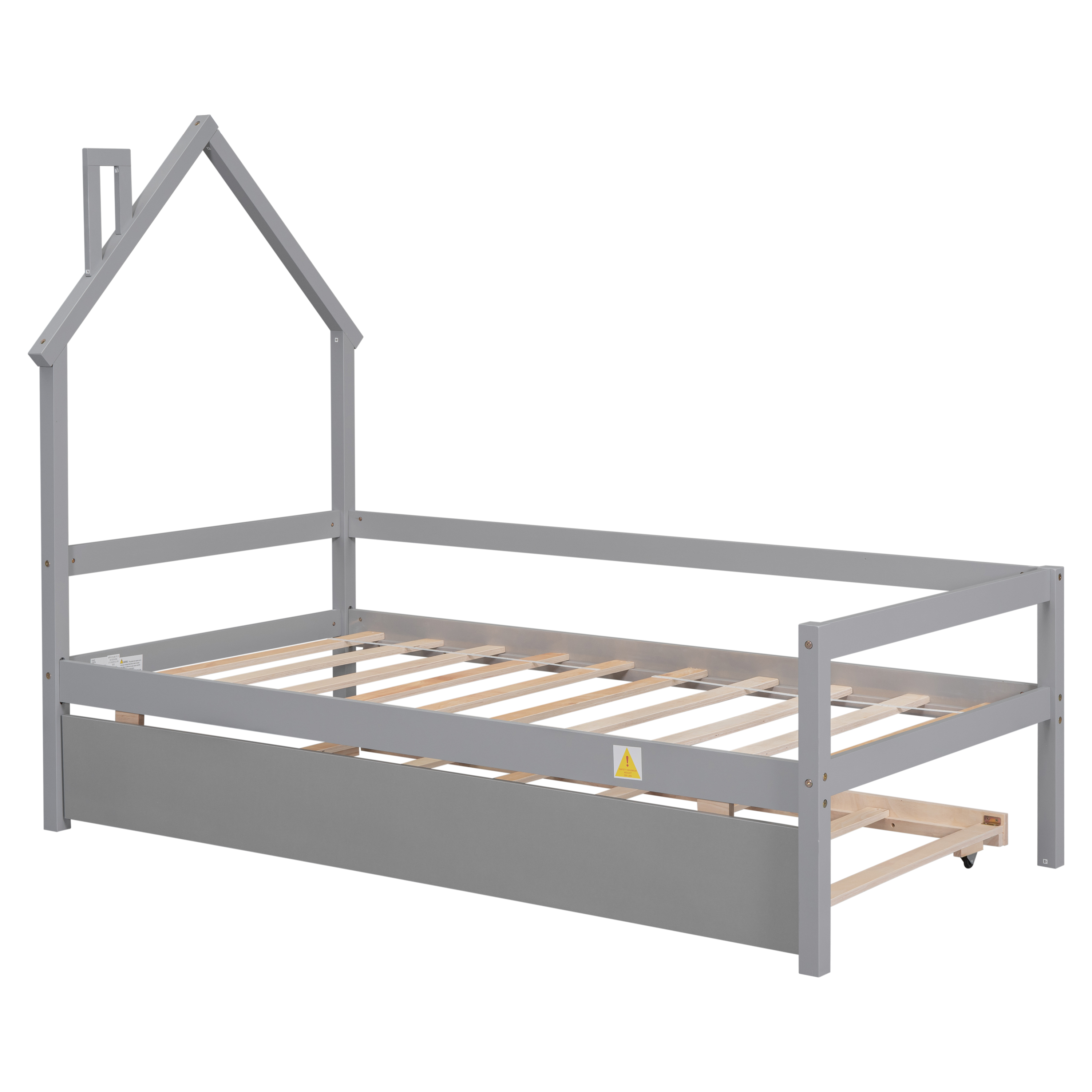 Euroco Wood House Platform Bed with Trundle for Kids Teens Room, Semi-Close House Bed with Roof, Gray