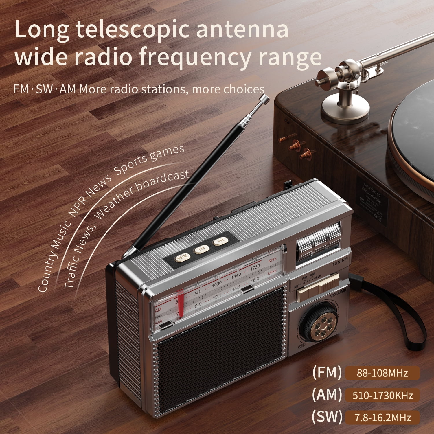 Portable AM FM SW Radio with Reception, Rechargeable & Solar Power, Big Speaker, Large Tuning Knob,Bluetooth, Earphone Jack for Gift, Elder, Home