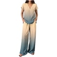 thumbnail image 3 of Cagogo Women Plus Size 2 Piece Outfits Summer Vacation Set Loose V Neck Short Sleeve Tshirt Wide Leg Pants Casual Cruise Travel Lounge Tracksuits Boho Gradient Matching Sets, Beige L, 3 of 6
