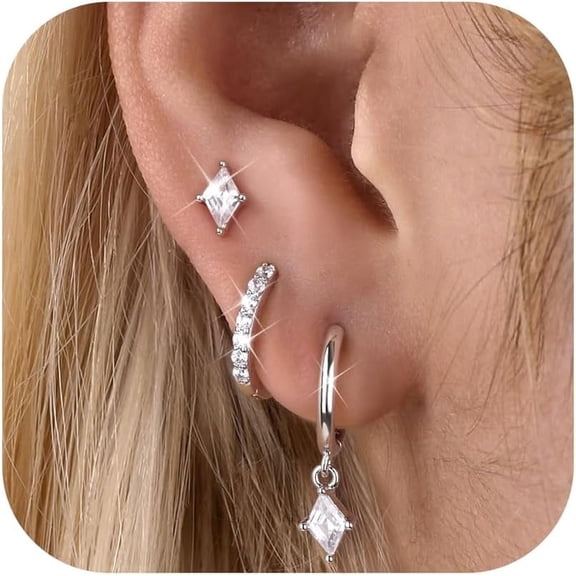 SUETOR Silver Plated Earrings Set for Women, 3Pairs CZ Stud & Huggie Hoop Earrings with Dangle Charm, Hypoallergenic Stackable Cartilage Jewelry Gift