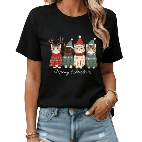 Cute Christmas Cats In Sweaters Graphic Tees Womans T shirt Black S-5XL Shirts Pet Lover Holiday Tops