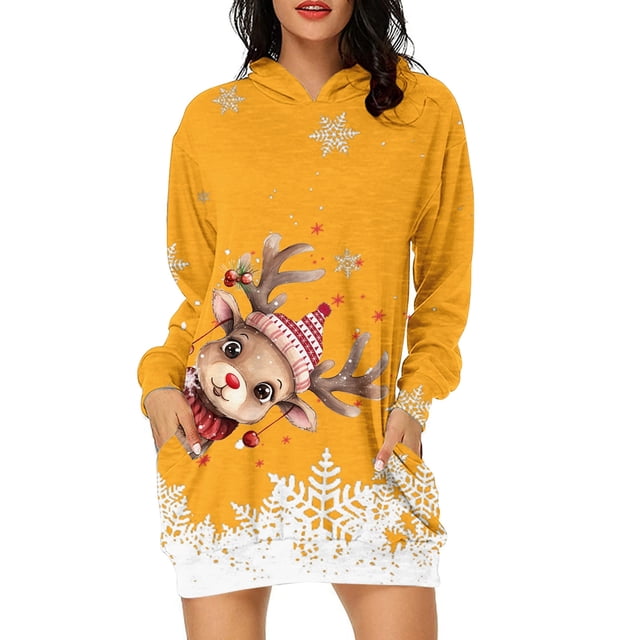 WILLBEST Sudadera Deportiva para Mujer Sudadera Larga con Capucha, Estilo Casual, con Estampado de Ciervos Navideños, Ideal para Otoño E Invierno X-Grande