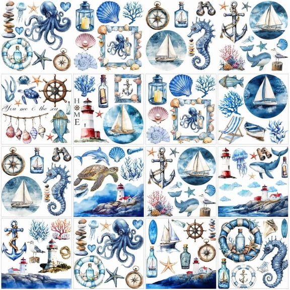 12 Sheets 12 Style Rub on Transfers 5.5x5.5 Inch Nautical Elements Rub on Transfer Blue Printed Transfer Stickers for Window Furniture Craft Scrapbook Decals
