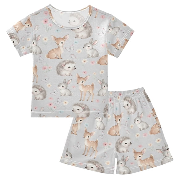 joogoo Hedgehog Rabbit Deers Pattern Pajama Sets Short Sleeve Cotton 2-Piece Sleepwear 10Y