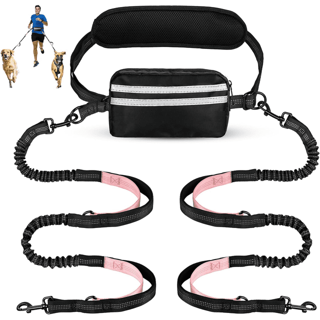 Hands-Free Dog Leash with Pouch - Double Retractable Bungee Leash for Two Dogs, Adjustable Waist Belt with Dual Padded Handles, Reflective Design for Walking, Running, and Training