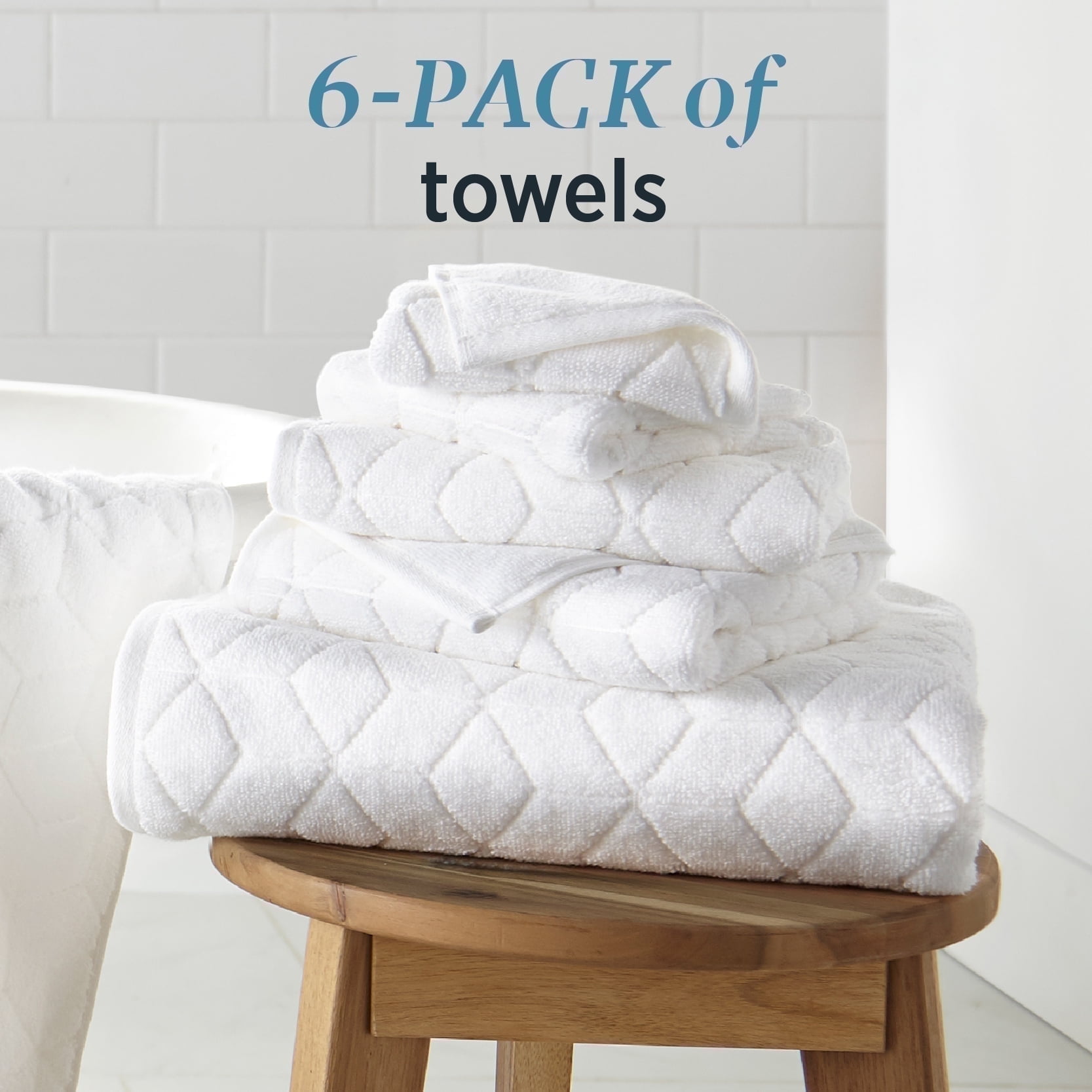 WelHome 100% HYGROCOTTON® 6-Piece Textured Soft Towel Set, White Towels Set, 550 GSM, 2 Large White Bath Towels 30" x 56", 2 Hand Towels, 2 Washcloths, Absorbent & Soft White Bathroom Towels