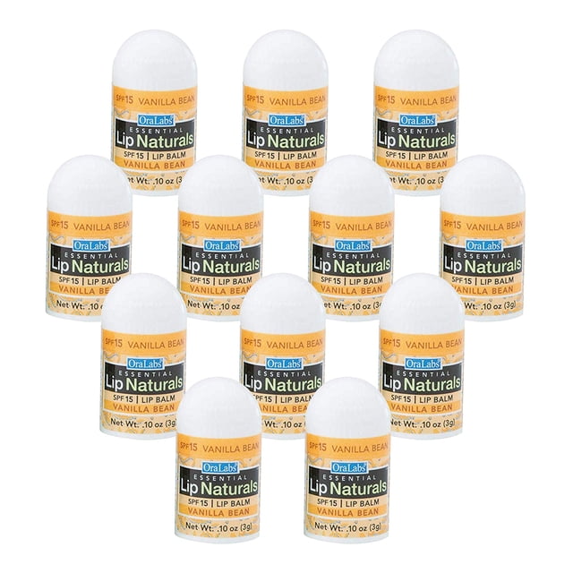 Lip Naturals Mini bálsamo labial de vainilla con protector solar (SPF-15) | Fabricado en Estados Unidos con cera de abejas y aceite de coco | Paquete de 12 unidades con sabor a vainilla (0,10 oz/3 g c