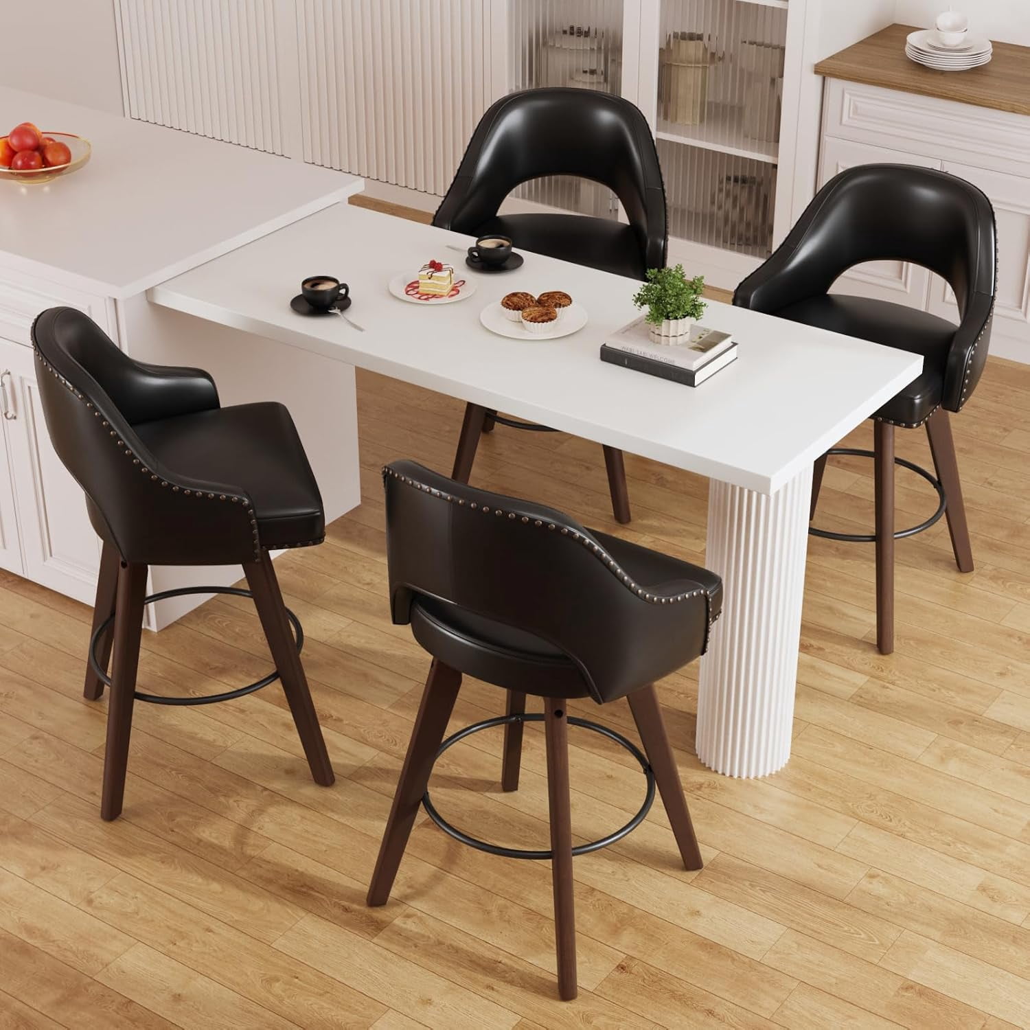 Vabches 24" Swivel Bar Stools Set of 2, Modern Counter Height Bar Chair with PU Leather and Wood Legs for Kitchen Island, Pub Chair with Solid Wood Legs for Kitchen Island Dining Room Pub Counter