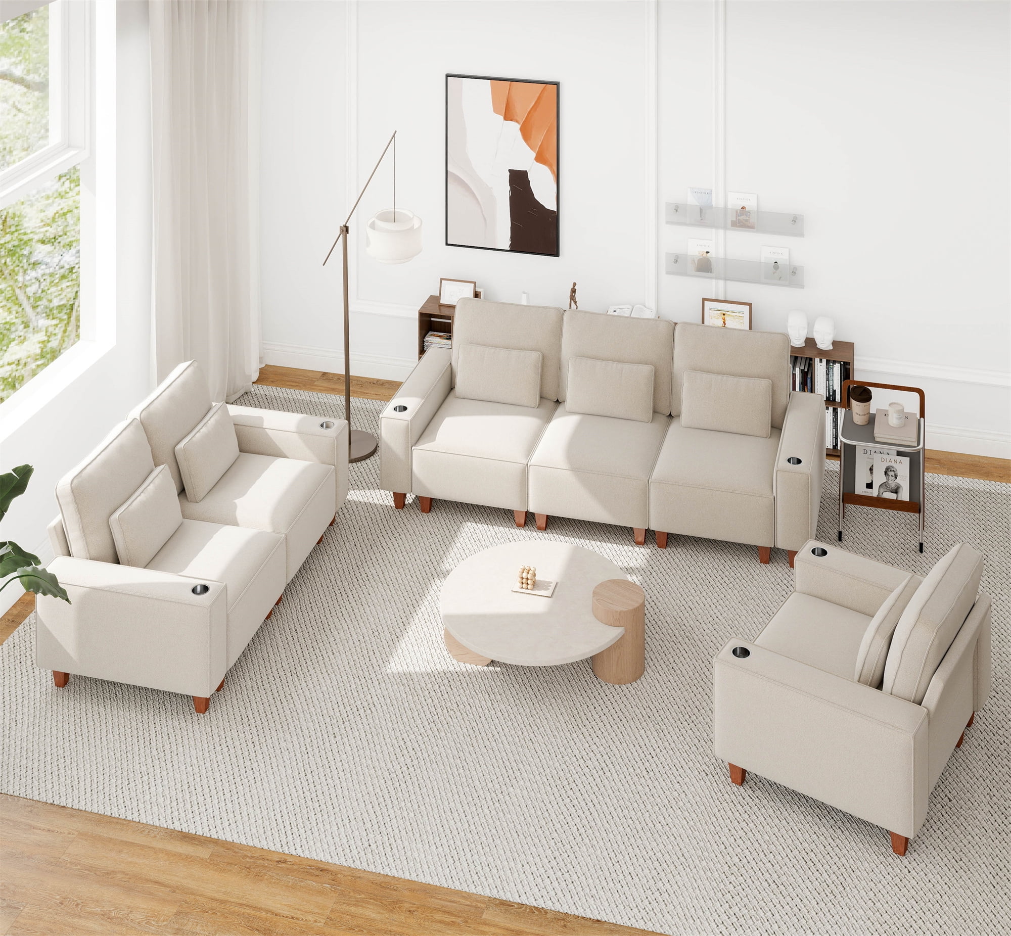 Aukfa 3 Piece Sofa Set - 43.5" Oversized Armchair Couch with Cup Holders&Pillows, Chenille, Beige