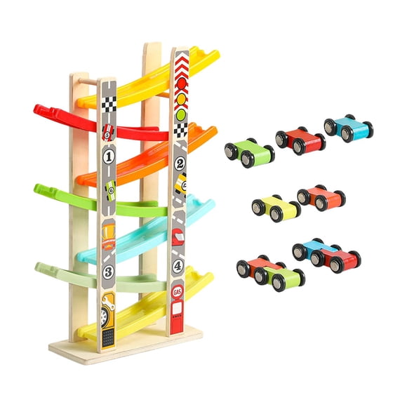 Mini rampa de carreras de coches de madera, juego interactivo Montessori, juguetes para niños 7 pistas