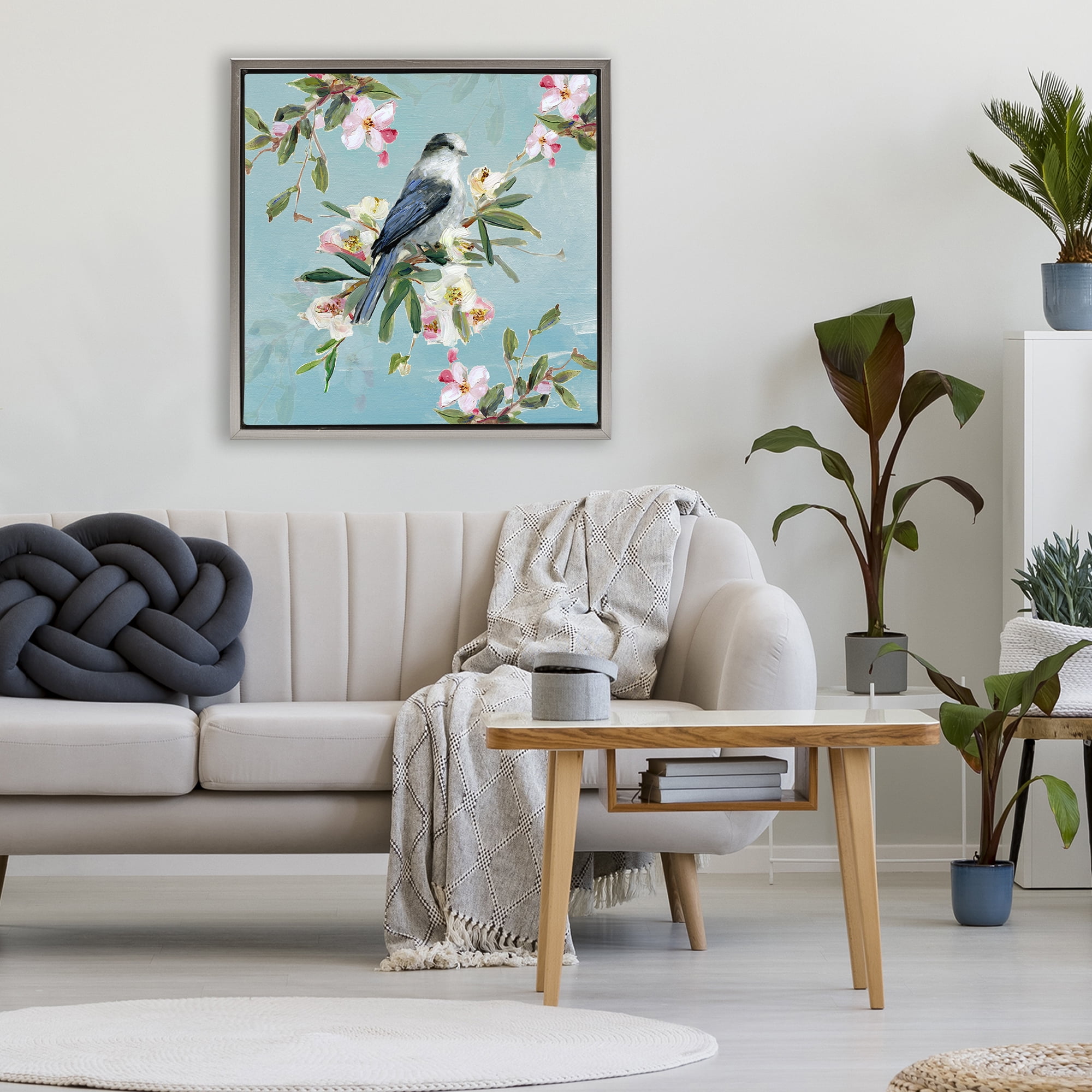 Stupell Industries Pastel Songbird Among Blossoms Gray Framed Floater Canvas Wall Art, design by Sally Swatland