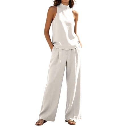Women s 2‑Piece Casual Commuter Outfit Set Solid Halter Sleeveless Top & Elastic Waist Wide‑Leg Long Pants Fashion Matching Set for Dating Party Work Staycation Spring Summer White M(M)