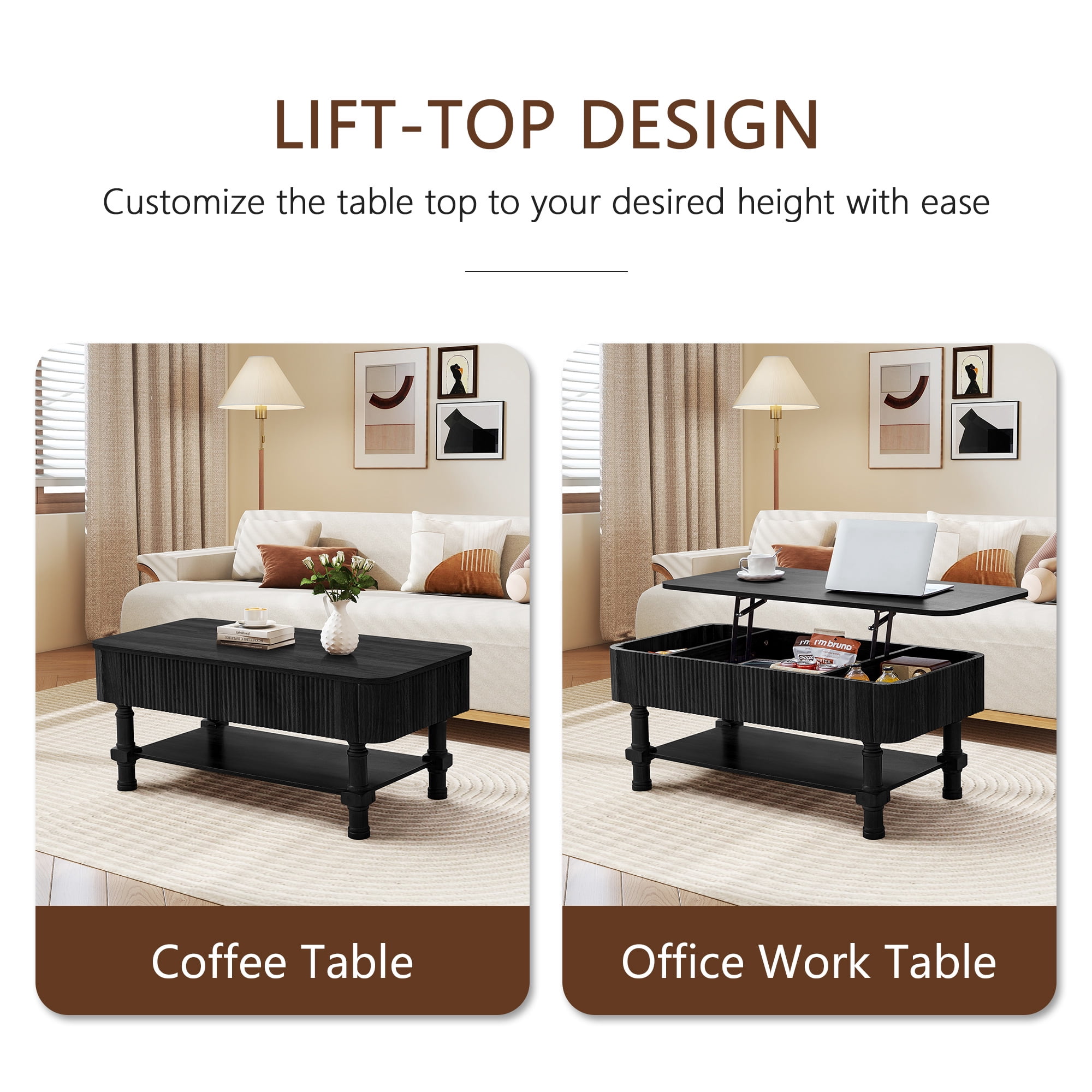 YOCWO Wood Roman Column Lift Top Coffee Table with Storage, Fluted Rectangle Coffee Table with Hidden Compartments for Living Room, Black