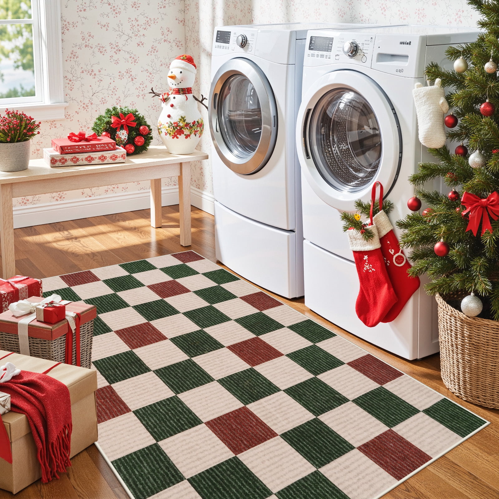 RUG ROBOT 3'x5' Christmas Rugs for Entryway, Washable Non-Slip Checkered Area Rug, Soft Farmhouse Geometric Xmas Holiday Rugs for Bedroom, Living Room Indoor Outdoor Christmas Decor