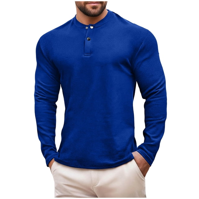Qtocio Tops for Men,Solid Color Thermal Fleece Shirt Button Placket Crew Neck Warm Base Layer