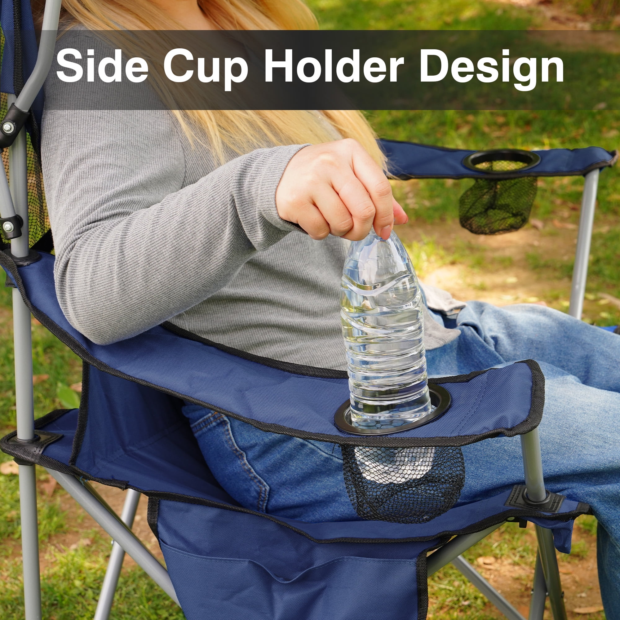 FlexWave Folding Camp Chair，Portable Outdoor Chair，with Shade & Cup Holder，for Camping, Beach, Fishing, and Sports Events
