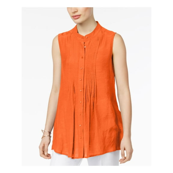 ALFANI Womens Orange Pleated Sleeveless Mandarin Collar Button Up Top 16
