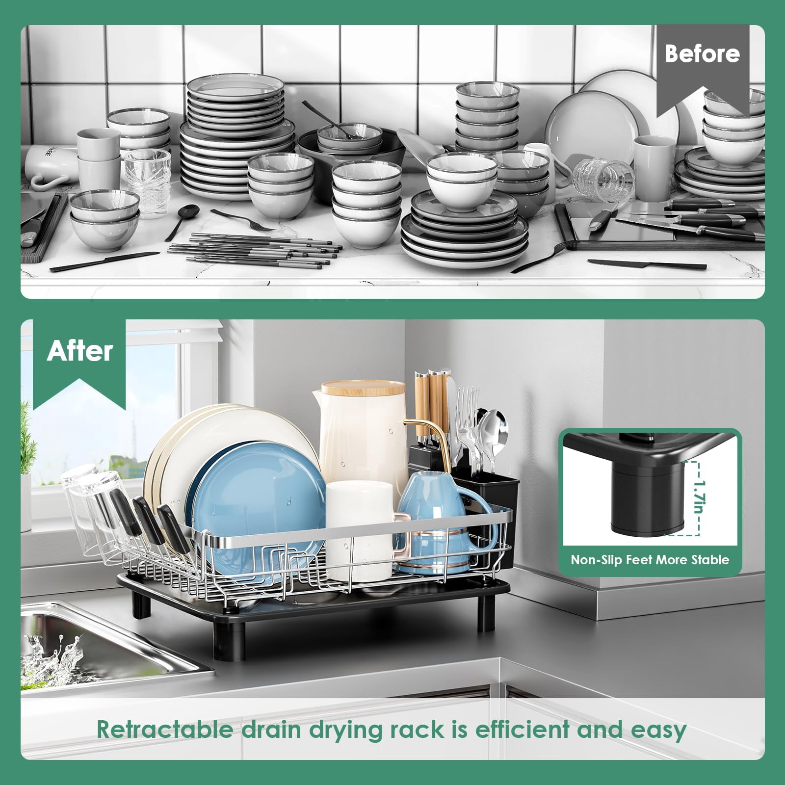 Dish Drying Rack  Stainless Steel Racks For Kitchen Counter Drainer With Removable Utensil Holder Drainboard (black 13''w X 17''l)