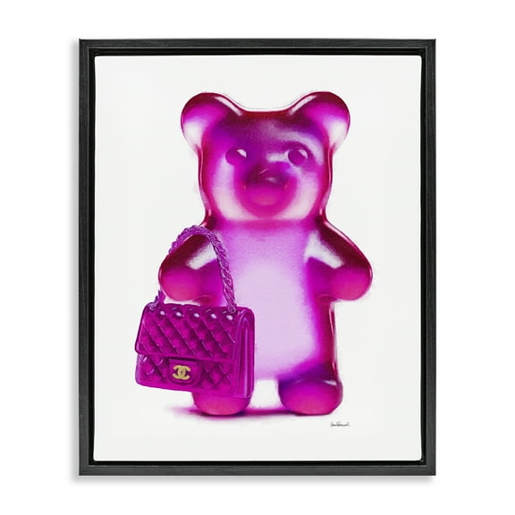 Stupell Industries Pink Bear & Purse Fashion Painting Black Floater Framed Canvas Art Print Wall Art, 17 x 21