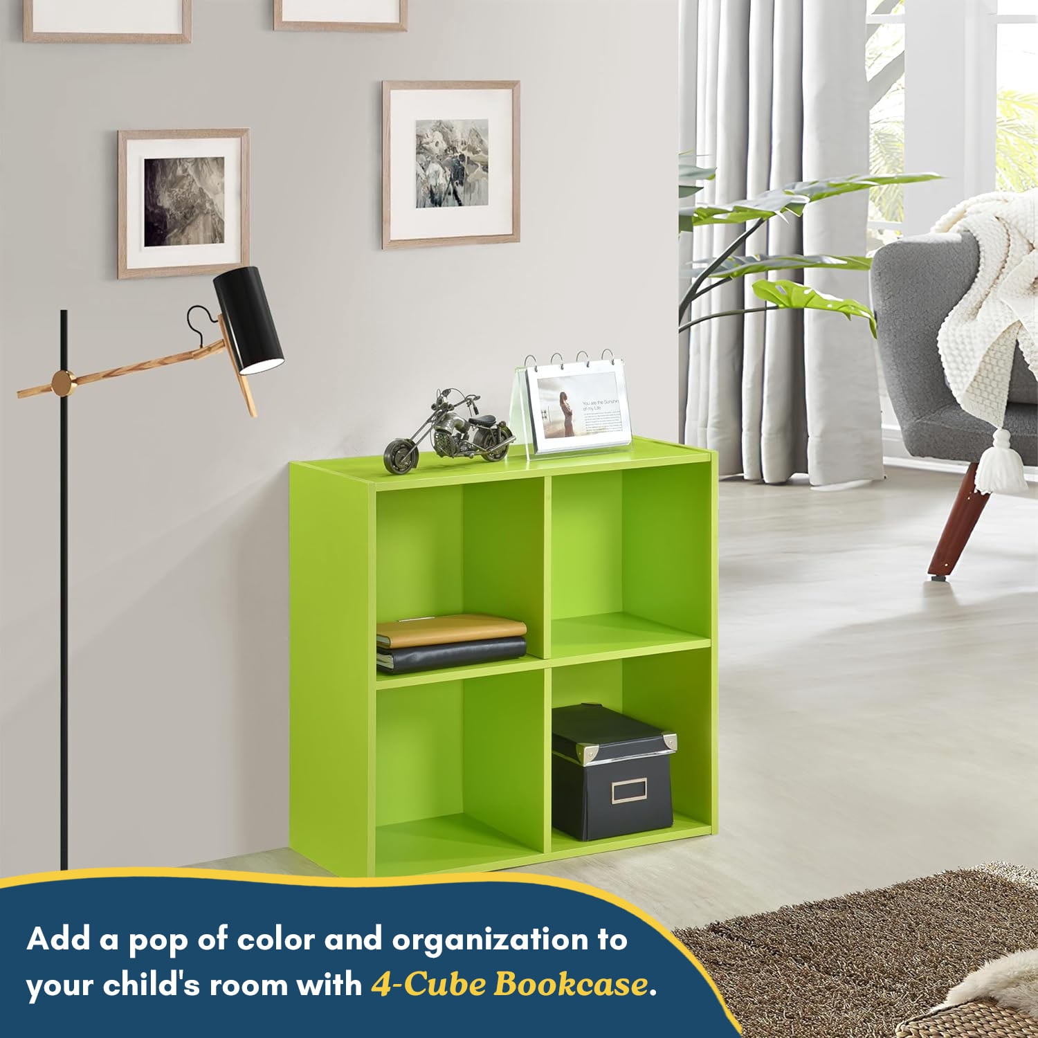 Kings Brand Furniture - 4 Cube Storage Organizer Book Shelf, Toy Storage Organizer for Playroom, Bedroom, Nursery School, Green