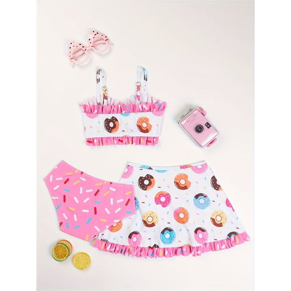Girls Toddler 3 Piece Donut Swimsuit - Ruffle Bikini Top, Sprinkle Bottom & Skirt Cover Up - Kids Beach Pool Bathing Suit