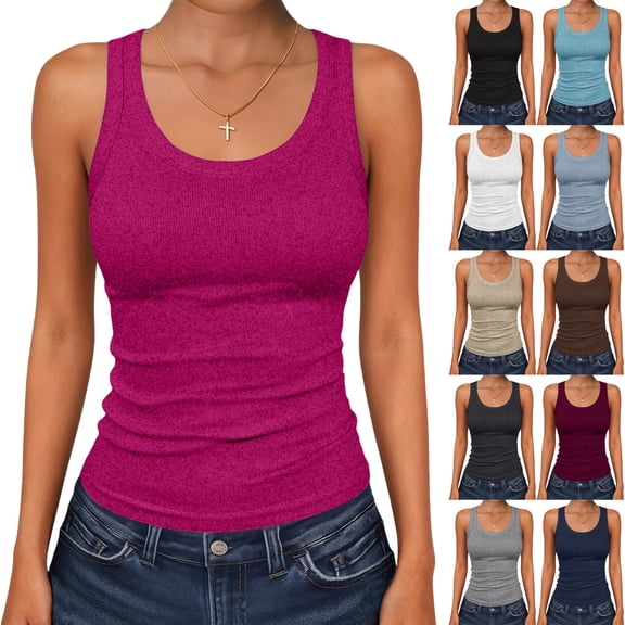 AHMOMEI Basic Tank Tops for Women Seamless Slim Fit Ribbed Fitted Women's Camisole Tank Top Sleeveless Gym Tank Tops Woman Navy L