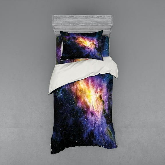 Ambesonne Galaxy Bedding Set 3 Pcs, Alluring Nebula Stars, Twin, Black Purple and Yellow