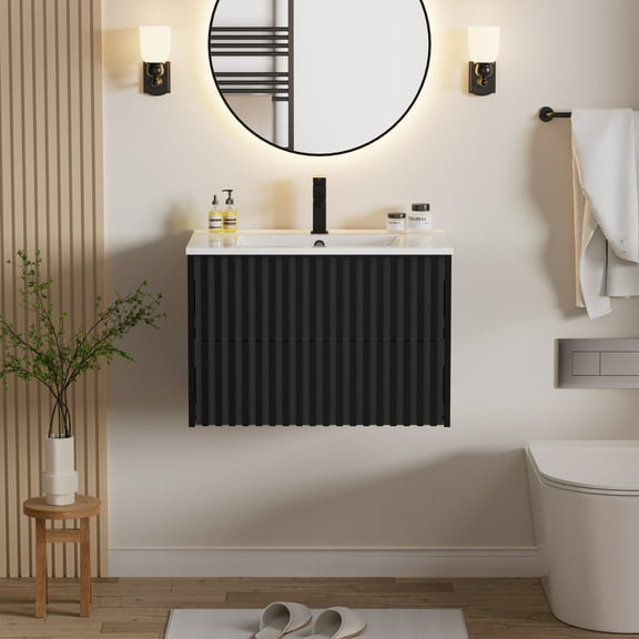 30" Single Bathroom Vanity with Integrated Sink Top, Faucet, Drain, Floating Cabinet