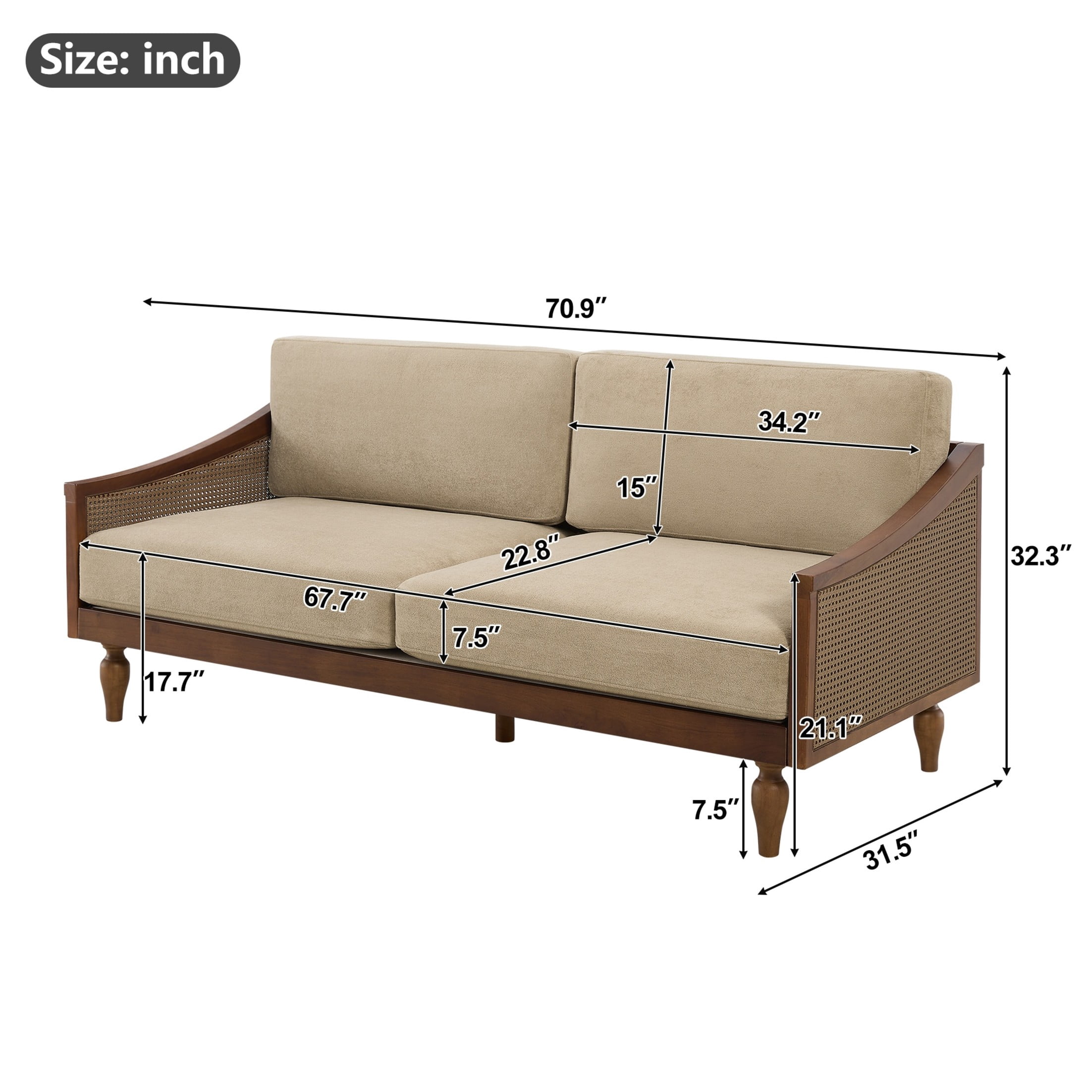 Christopher Knight Home Mid-Century 70.9" 3-Seater Sofa with Rattan Armrests, Wooden Frame, Light Brown