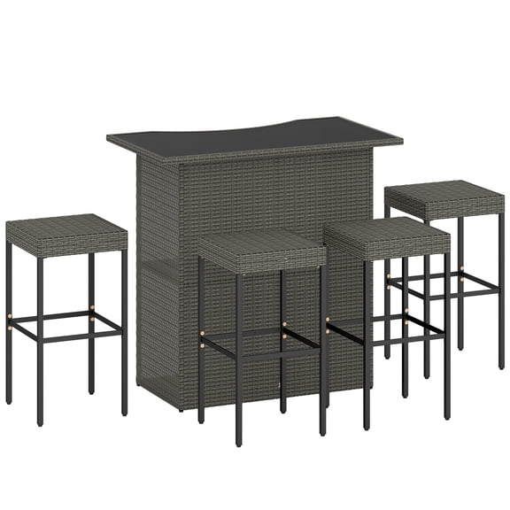 Rattan Bar Set - 5 Piece Outdoor Patio Furniture, High Top Table & Chairs, Gray Wicker Bar Height Set with 2 Shelves & 4 Stools
