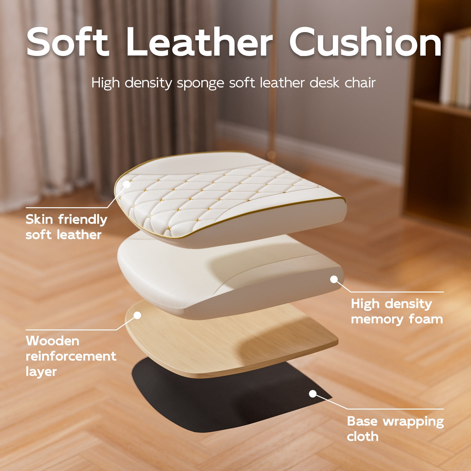 Ninecer White and Gold Office Chair with Soft Leather Embroidery, Mid Back Vintage Swivel Executive Desk Chair with Wheels and Padded Arms, Adjustable Height