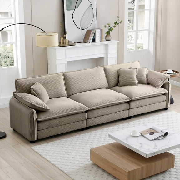 Modern Mid-Century 3-Seater Sectional Sofa with Tan Corduroy Fabric (220×80×75cm)
