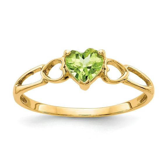 14K Yellow Gold Ring Band with Stones (08) August Peridot Heart Green, Size 7